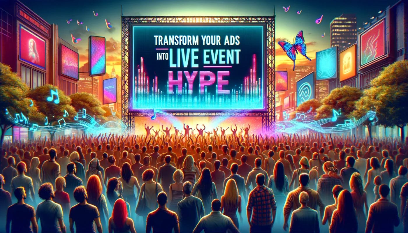 A lively crowd cheers on a band on stage that displays a colorful sound distribution and neon signs stating "transorm your ads into live event hype".