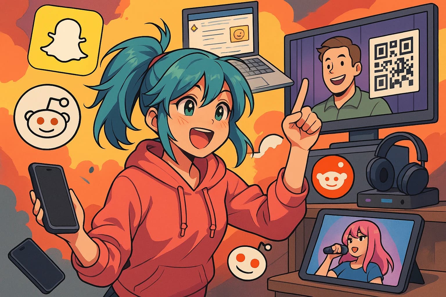 Anime style illustration of a person holding a phone with ads on it, representing the new Snap, Reddit, and TV ad channels on b00st.com.