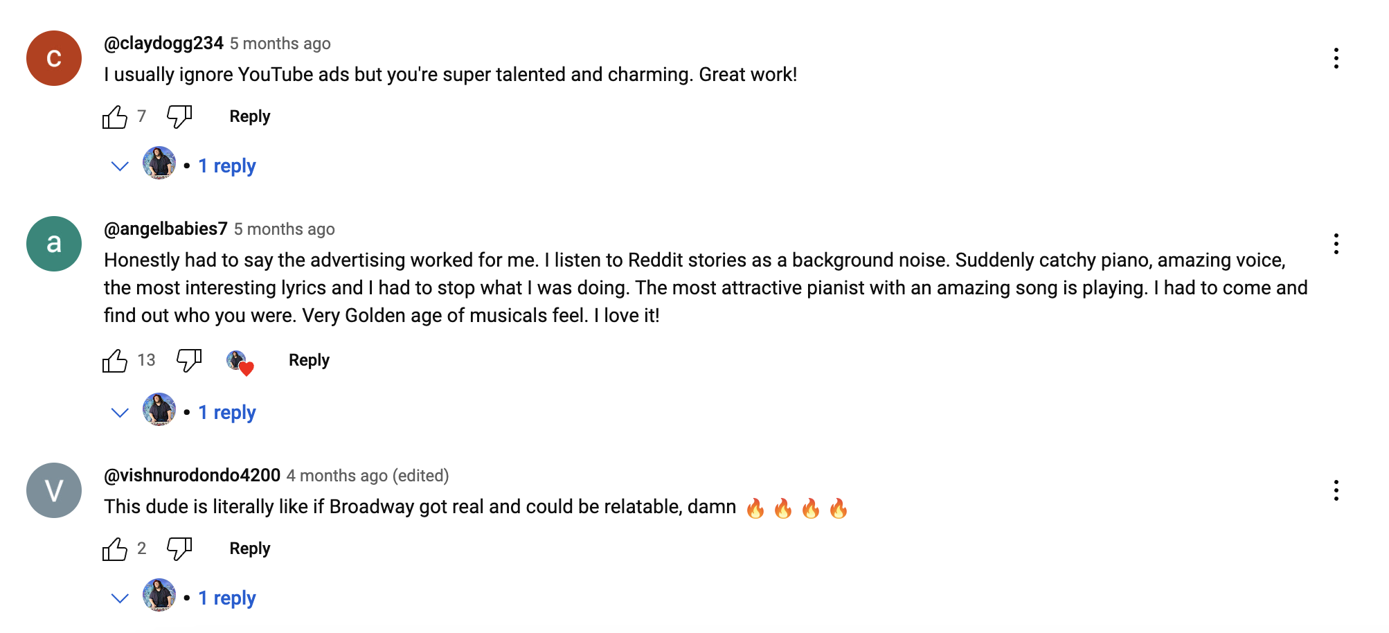 Actual video comments on Ryan Gregg's YouTube videos about the quality of his music and how ads helped listeners discover his talent.